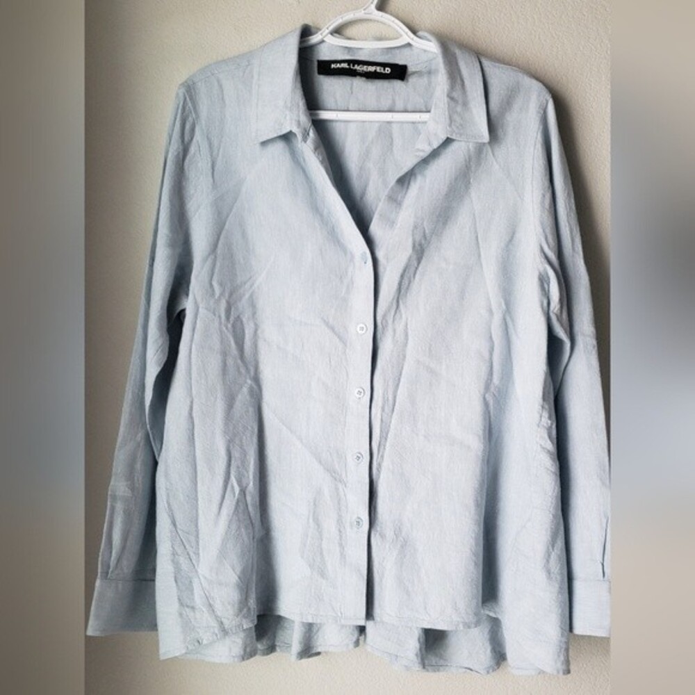 Karl Lagerfeld Size L Sky Blue High Low Hem Linen Casual Button Up Shirt NWOT